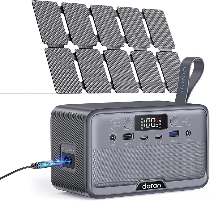 DARAN Portable Power Station 100W with 25W Solar Panel LiFePO4 Battery Power Bank with110V AC Outlets Solar Generator Fast Charging for Hurricane Emergency,Outdoor Use,Off-Grid traveling