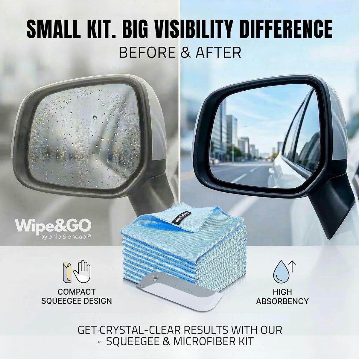 Wipe&GO Glass Cleaning Cloths – 6 Premium Diamond Weave Microfiber Towels (12x16") for Windows, Mirrors & Screens – Water Only Streak-Free Cleaning Cloths for Home & Car + Bonus Mini Silicone Squeegee