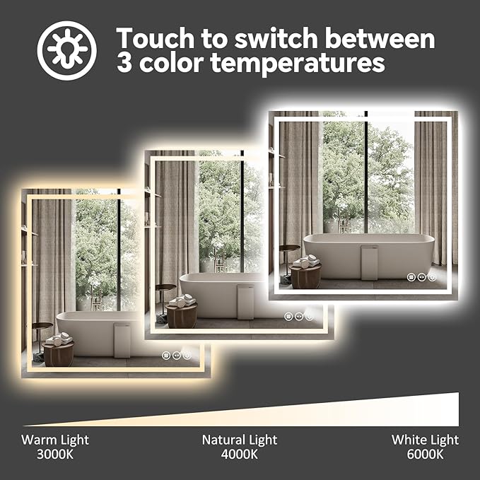 LED Bathroom Mirror 36x36 Inch Anti-Fog Bathroom Mirror with Lights, Wall Mounted Lighted Vanity Mirrors, Dimmable, Backlit + Front Lit, Smart Bathroom Vanity Mirror with 3 Colors Temperature