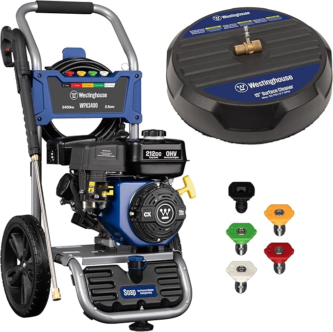 Westinghouse WPX3400SC Gas Pressure Washer with 15-inch Surface Cleaner, 3400 PSI and 2.6 Max GPM, Onboard Soap Tank, Spray Gun and Wand, 5 Nozzle Set, for Cars/Fences/Driveways/Homes/Patios/Furniture