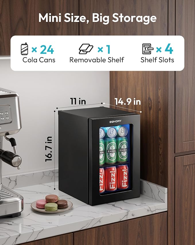 EUHOMY 18L Beverage Refrigerator Cooler, 24 Cans Mini Fridge with Quiet Compressor, Countertop Small Fridge with 40°F-61°F Digital Temperature Control, LED Lgiht for Home, Bar, Office