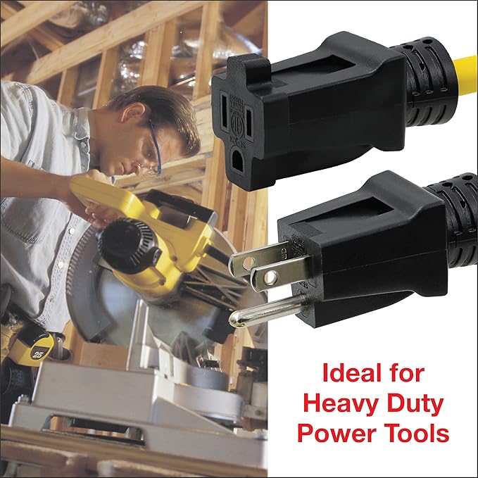 Clear Power 25 ft 12/3 SJTW Heavy Duty Outdoor Extension Cord, Water & Weather Resistant, Flame Retardant, Yellow, 3 Prong Grounded Plug, CP10144