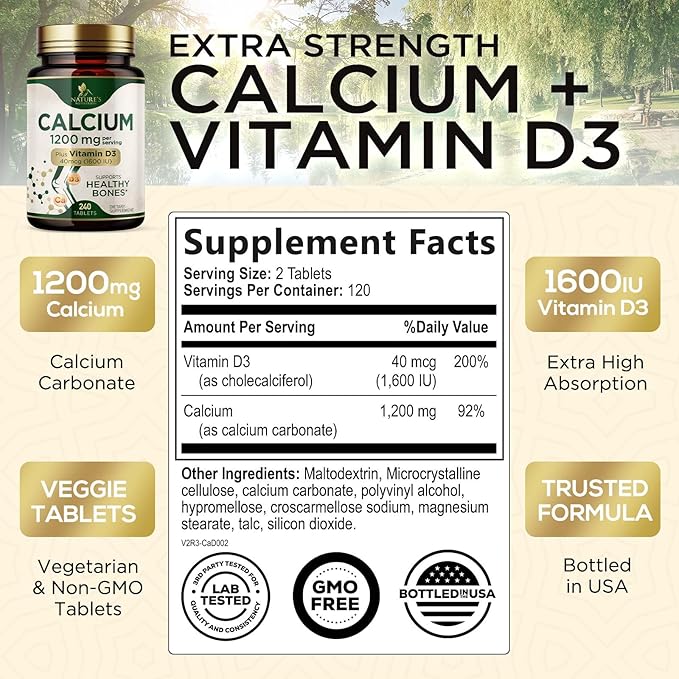 Calcium 1200 mg with Vitamin D3, Calcium Supplement Vitamins, Supports Bone Strength, Teeth & Immune System, Calcium Supplements for Women & Men, Nature's Absorbable Calcium Carbonate - 240 Tablets