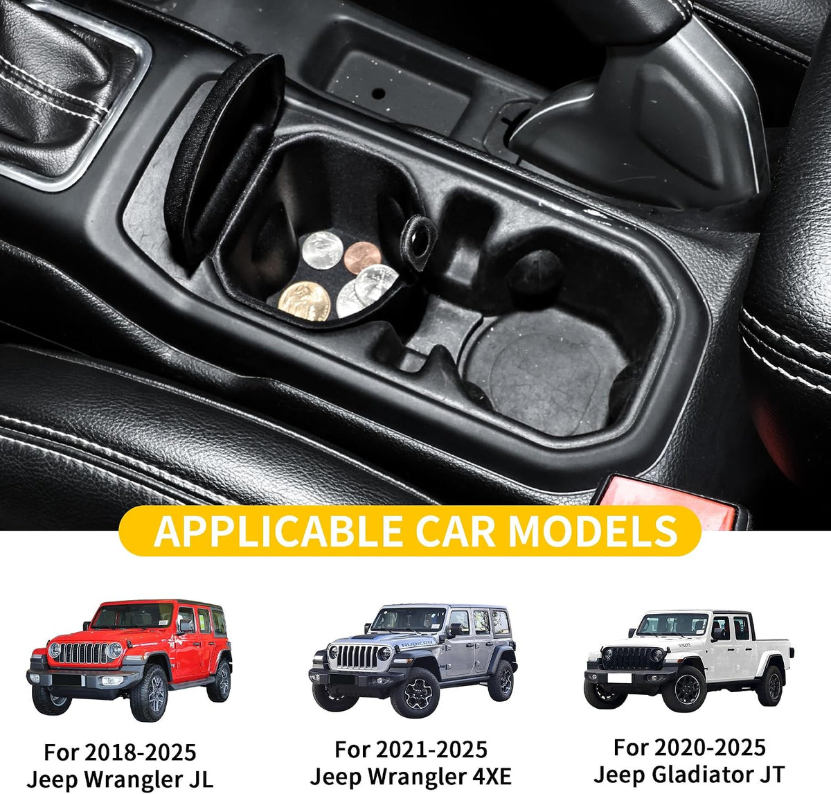 Center Console Organizer Coin Holder Compatible with Jeep Wrangler JL 4XE Gladiator JT 2018-2026 Accessories, Front Seat Cup Holder Insert Change Storage, with Lid, Portable, 1 Pack Black