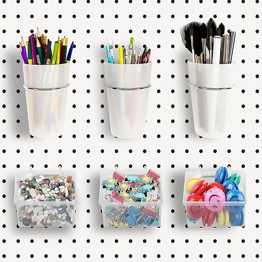 Kuhome 6 Sets Pegboard Bins and Cups with Pegboard Hooks, Pegboard Accessories Baskets, Hooks for Pegboard Cup Holder for Organizing Craft Tools Storage Garage Office Workbench Transparent