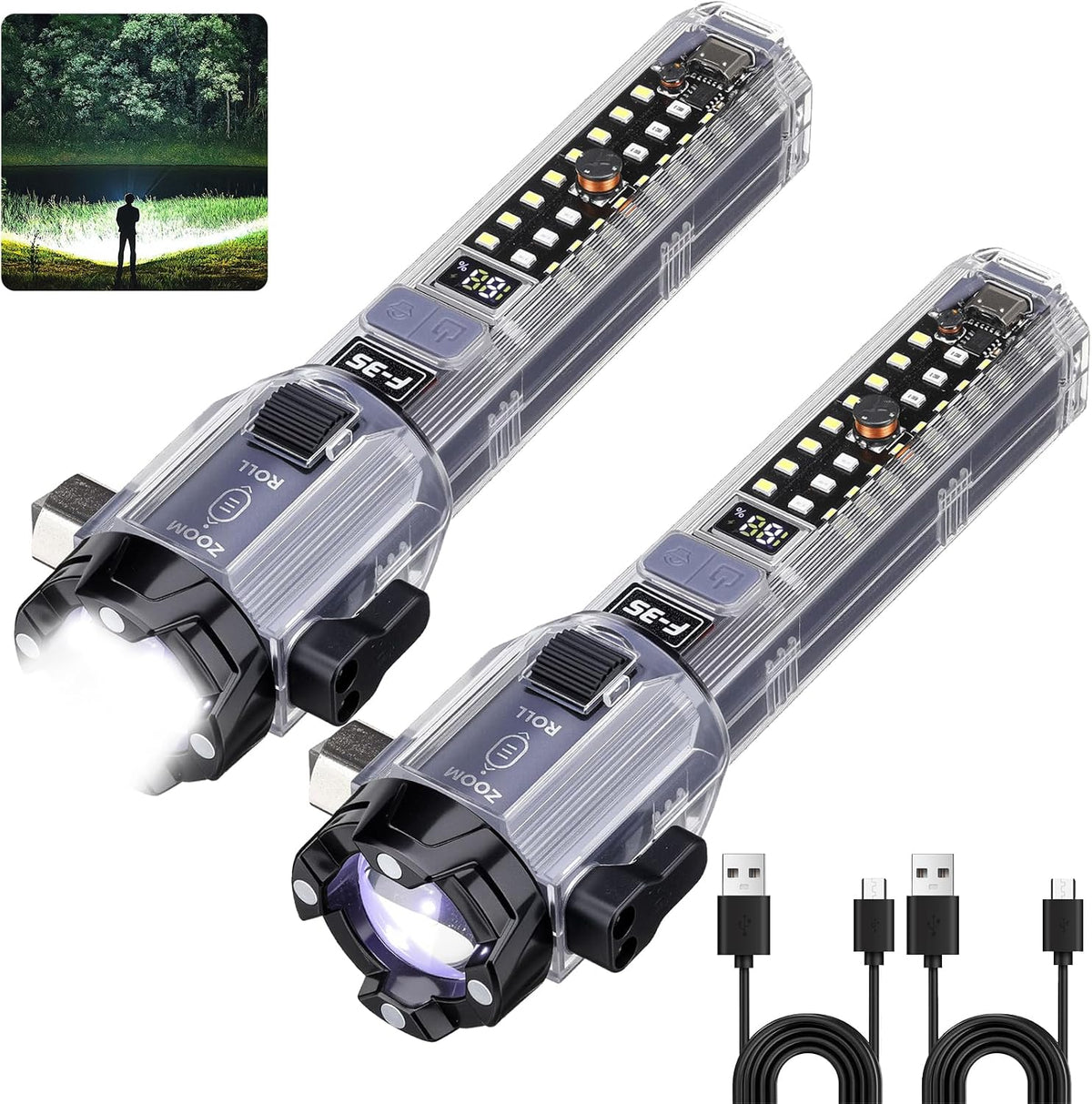 Car Emergency Flashlights Rechargeable 2Packs, 990,000L High Lumens Car Flashlight Emergency Kit, 7 Modes Tactical LED Flash Light with Window Breaker, Belt Cutter, Alarm Buzzer, Magnet, USB C for Car
