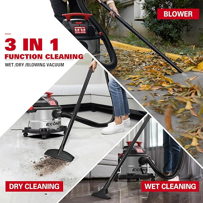 ECOMAX Shop Vacuum Wet and Dry 5 Gallon 4 HP Stainless Steel Wet Dry Vac with Powerful Suction and Blowing Function, Portable 3 in 1 Shop Vacuum for Home, Garage, Car, Jobsite and Workshop, EM18115