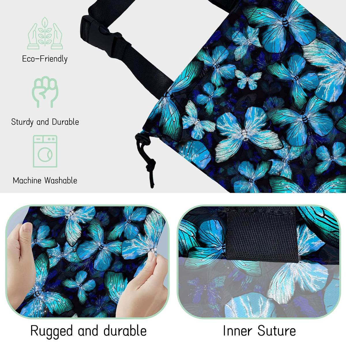 Blue Butterfly Car Trash Bag,Hanging Drawstring Car Garbage Bag,Waterproof Canvas Car Back Seat Organizer with Adjustable Buckle,for Vehicles,SUVs,Camping,Road Trips