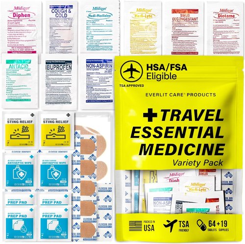 EVERLIT CARE Travel Essential First Aid Kit - TSA Compliant Mini Medkit with 64 Individually Packed Tablets