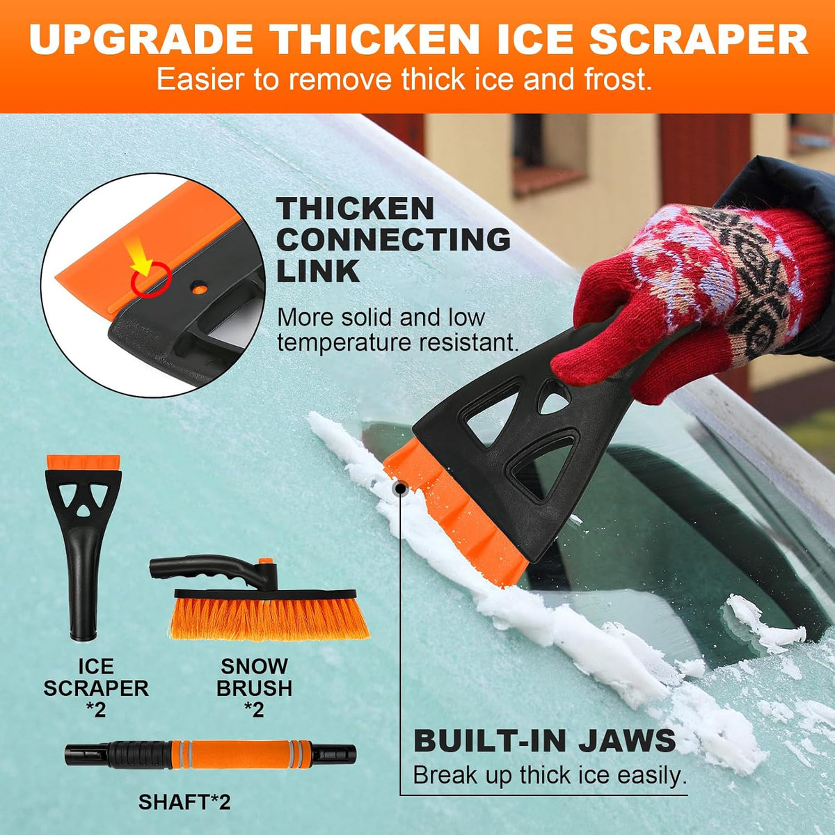 BFONS Ice Scrapers for Car Windshield, 2-in-1 Snow Scraper and Snow Brush for Car SUV Truck, Car Ice Windshield Scraper for Ice and Snow with 360° Pivoting Brush and Ergonomic Foam Grip Orange