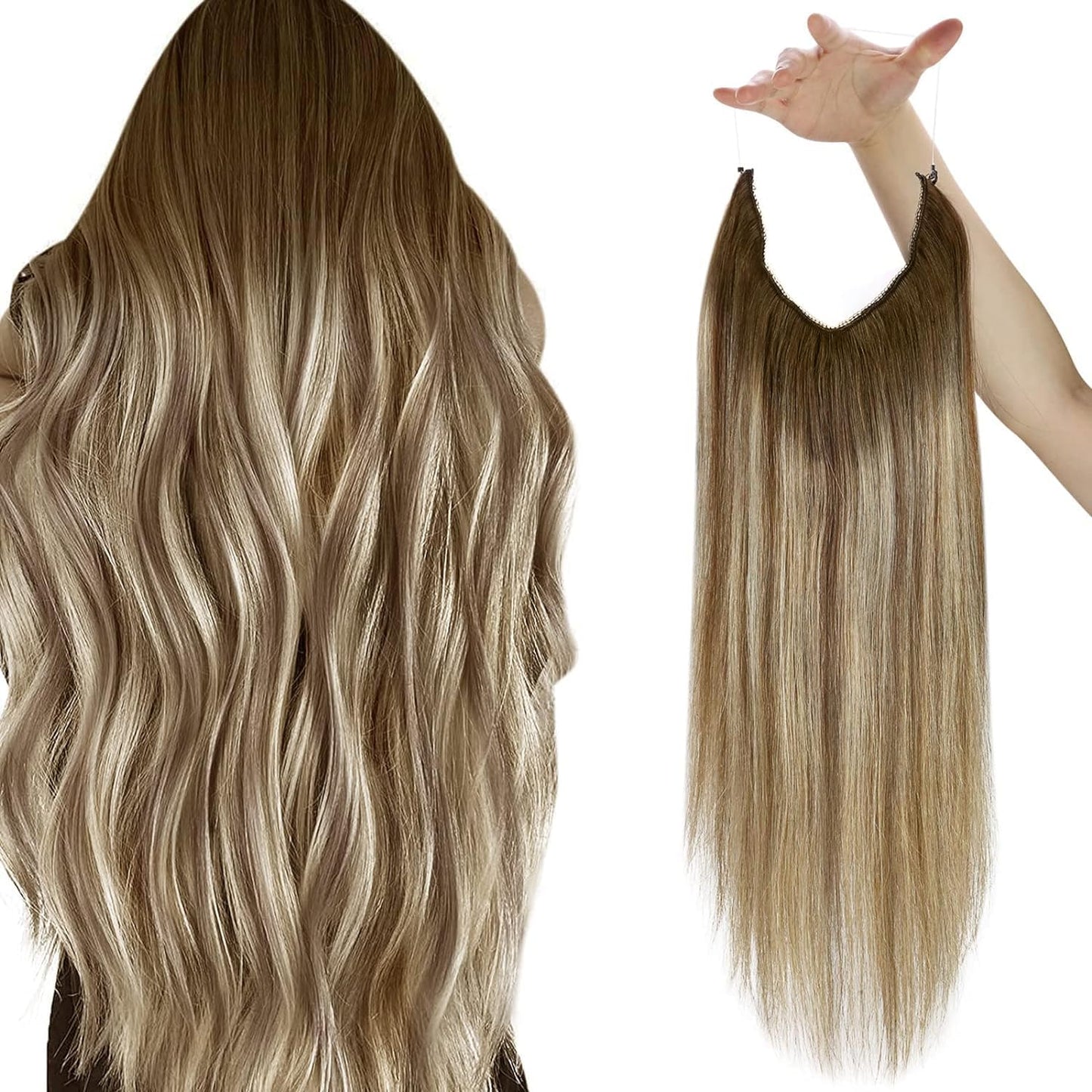 Sunny Wire Hair Extensions Human Hair Brown Ombre 95G Hidden Wire Real Human Hair Extensions Medium Brown Ombre Platinum Blonde