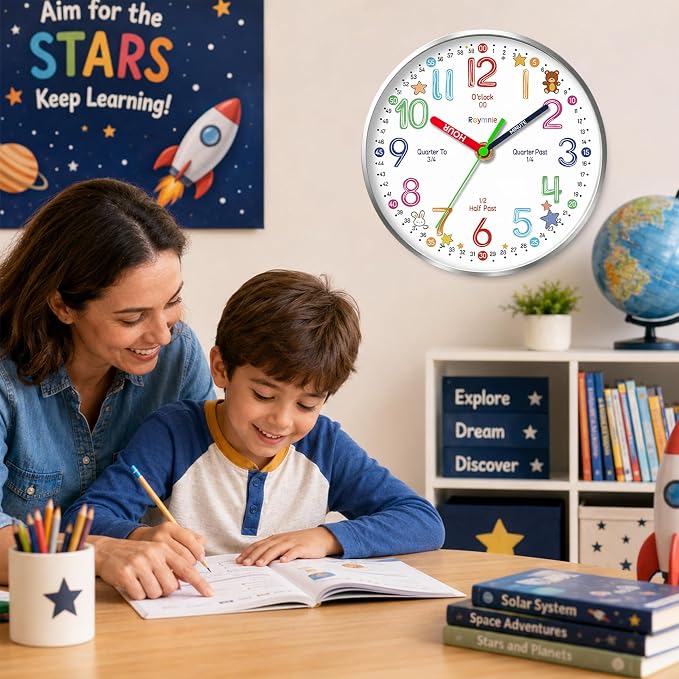 Roymnie Wall Clock Learning to Tell Time Easily Non Ticking Battery Operated