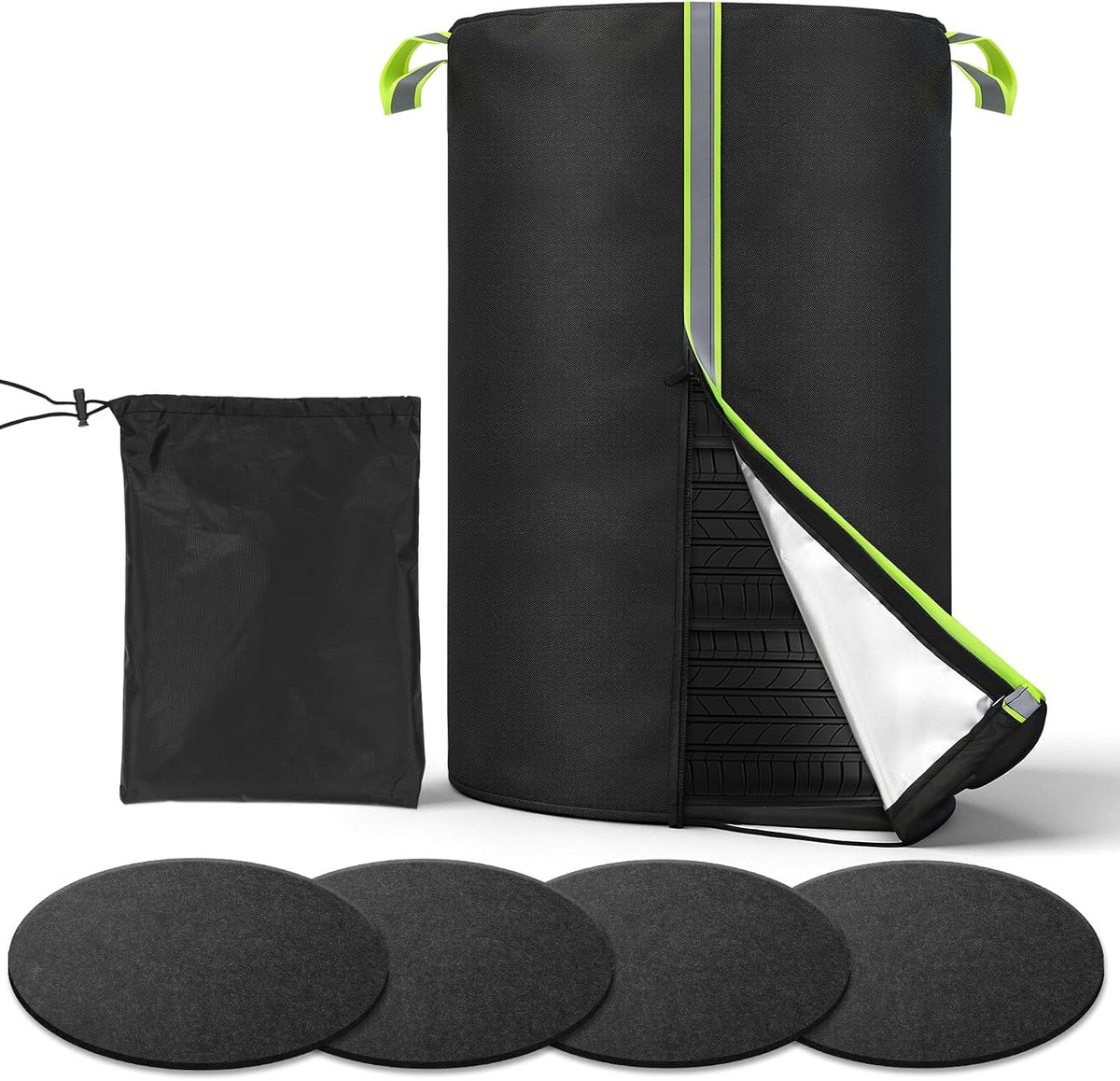 Tire Cover for Storage, 420D Oxford Waterproof Up to 28in Tire Bag with Reflective Handles 4 Felt Pads, Fits 4 Tires Storage Bag W/Zipper & Drawstring Lock for UV Protection, Dirt-Resistant