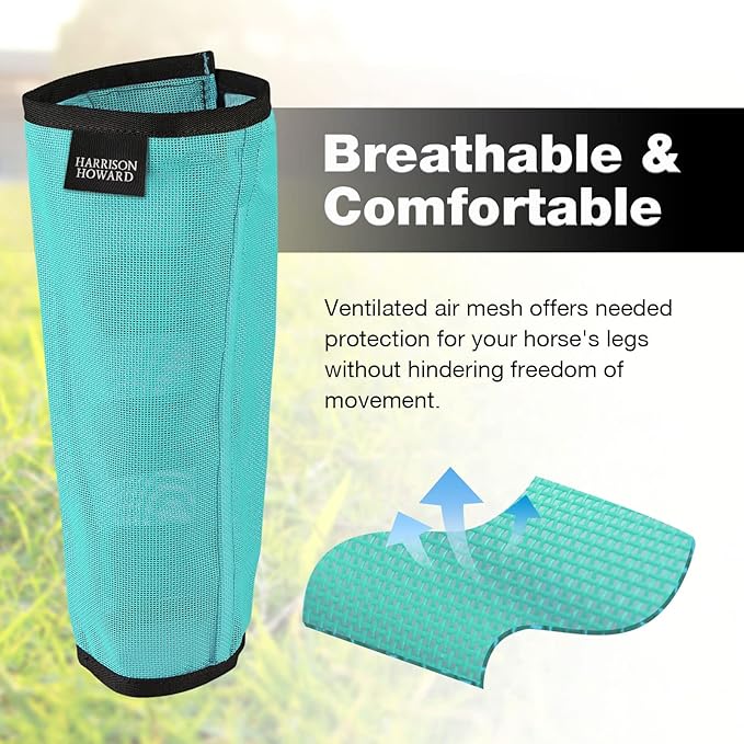 Harrison Howard Loose Fitting Fly Boots UV-Protective Extra Tough Mesh Ventilated Four Fasteners Stay-on Design Protect Horse Legs & Stomp-Reducing Set of 4 Mint Yearling