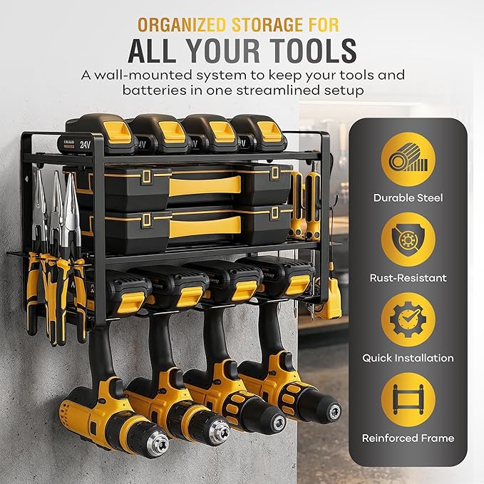 Power Tool Organizer Wall Mount - Garage Wall Tool Organizer with Drill Holder, Tool Storage Organizer, Heavy Duty Metal Shelf, Wall Mount Organizer for Garage & Workshop