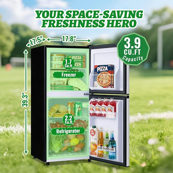 DEMULELR 3.9Cu.ft Refrigerator with Freezer Black Two Door Fridge with Crisper Drawer & Extra Drink Space, LED Light, Full-Size Fridge for Dorm Office 17.5"D x 17"W x 40"H，Silver