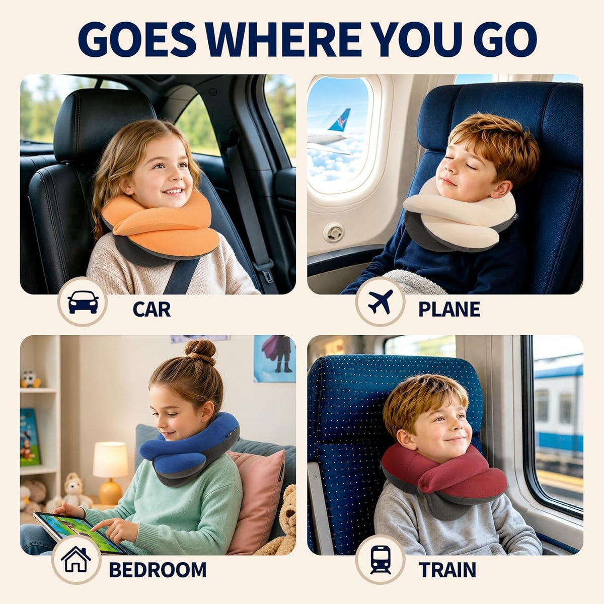 BUYUE Kids Travel Pillows for Airplane, Memory Foam 360° Head Support Sleeping Essentials for Long Flight, Skin-Friendly Soft Neck Pillow for Traveling in Car Seat, (Small, Black Grey, 40-90 lbs)