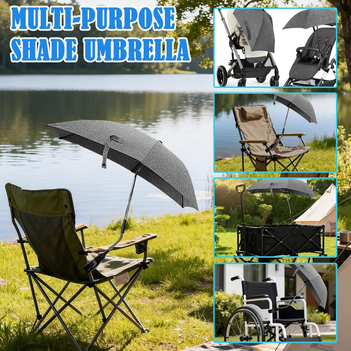 Skiennix Chair Umbrella - 78cm UV Protection Sun Shade with 360° Adjustable Clip-On Clamp for Strollers & Beach Chairs