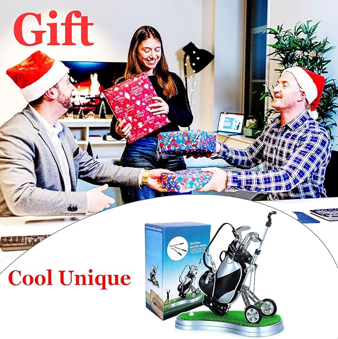 Golf Pen Holder with 3 Club Pens and Movable Golf Cart, Mini Golf Bag Desk Decor for Office, Funny Golf Gifts for Men, Dad, Boss - Stocking Stuffers for Golfers on Birthday, Christmas, Fathers Day