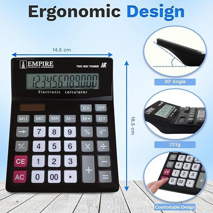 Empire Desk Calculator with Large Key Buttons, 12-Digit Large Eye-Angled Display