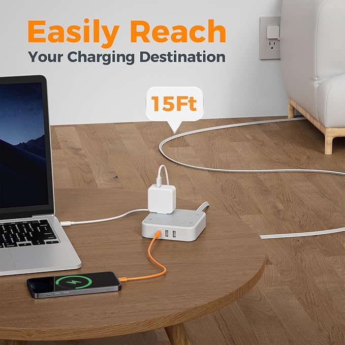 TESSAN Surge Protector Flat Extension Cord 15Ft, Flat Plug Power Strip with 4 Outlets 3 USB Ports (1 USB C), 900 Joules Protection, Multiple Wall Outlet Extender Suitable for Home Office Dorm, Grey