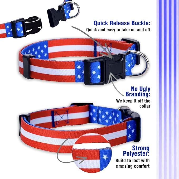 Native Pup American Flag Dog Collar- Red White and Blue- Patriotic Collars for 4th of July, USA- Adjustable Small, Medium, Large Breed Dogs (Large, Flag I)