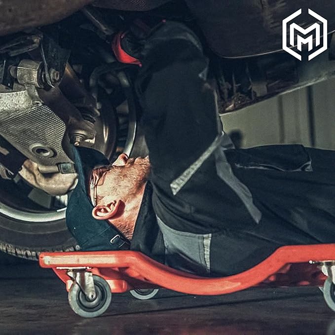 M-AUTO Mechanic Roller Creeper with Padded Headrest, 40" Dual Tool Trays Rolling Creeper for Garage Shop Auto Work Repair, Noiseless Swivel Casters, Red