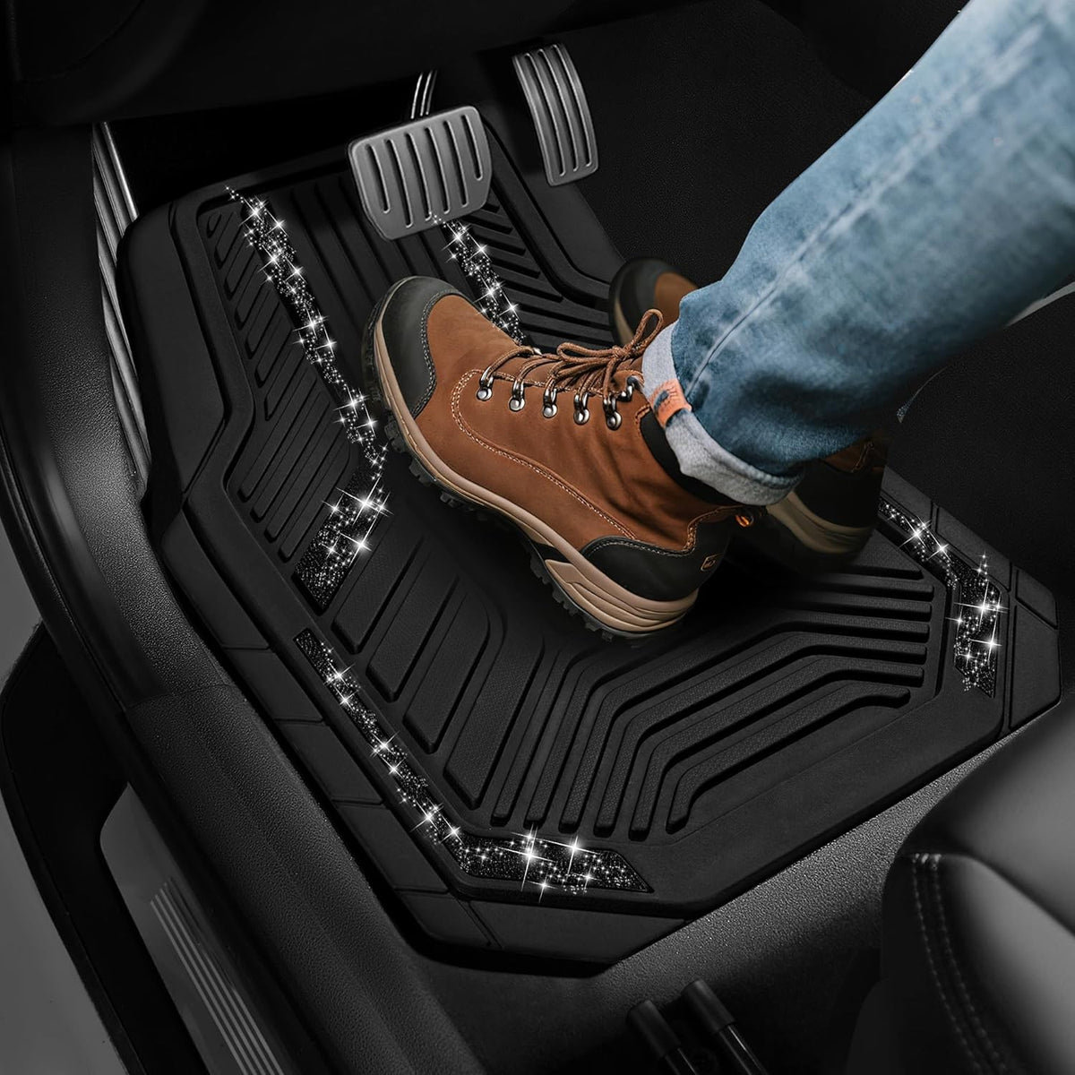 PIC AUTO Car Floor Mats, Black Sparkly Crystal Bling Glitter Car Mats Set, Front and Rear Heavy Duty Rubber Car Mats with Anti-Slip Backing, All Weather, Trim-to-Fit for Automotive SUVs, Sedan, Vans