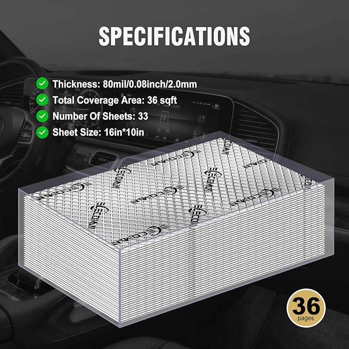 Car Sound Deadening Mat-80 mil 36 sqft Sound Deading Material - Butyl Automotive Sound Deadener, Audio Noise Insulation and Vibration Dampening
