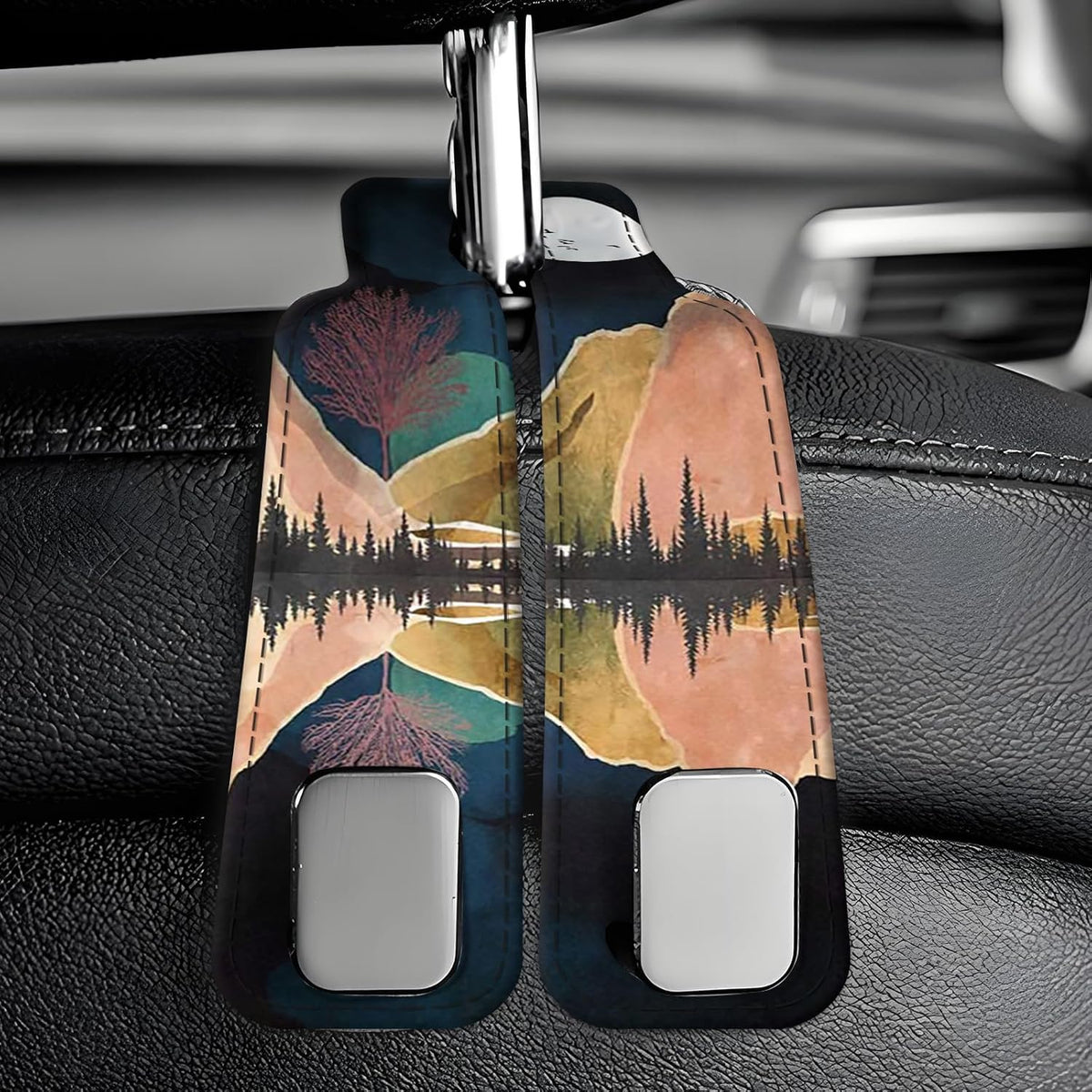 Car Seat Back Storage Headrest Hook, Premium Leather Double Metal Hook, Hanger Storage Organizer for Purse Cloth Bag, Car Interior Accessories Boho Mountain Moon