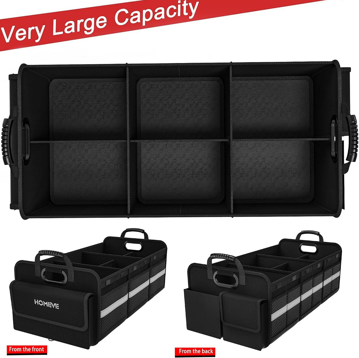 Homeve Trunk Organizer, Car Storage, Reinforced Handles, Collapsible Multi-Compartment, Foldable, Waterproof, Sturdy, 600D Oxford Polyester For Car, SUV, Mini-Van, Black, 3 Compart
