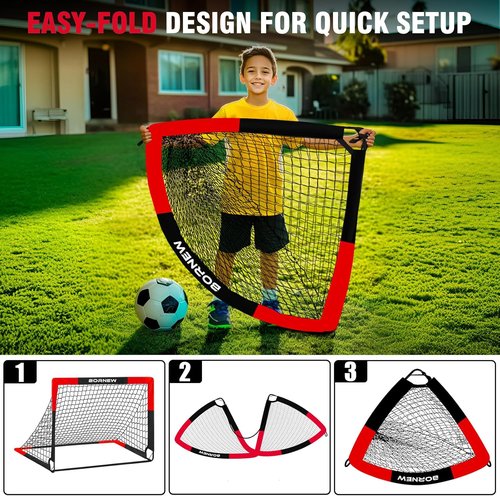 BORNEW Soccer Goals - Portable 2 Pack Pop-Up Nets for Kids & Adults | Indoor & Outdoor Use, 7x5/6x4/4x3 ft
