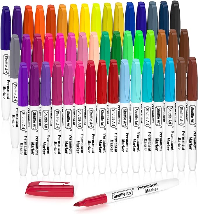 Shuttle Art 48 Colors Permanent Markers, Fine Point, Assorted Colors, Works on Plastic,Wood,Stone,Metal and Glass for Doodling, Coloring, Marking