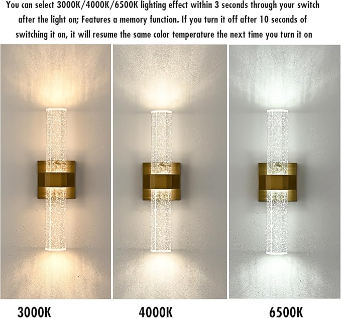 HOLKIRT Gold Bath Vanity Light Crystal Wall Sconce Light 15.7" Modern LED Vanity Wall Light Over Mirror with Seeded Crystal Rods 3000K/4000K/6500K Indoor Wall Lamp for Bathroom Bedroom Hallway