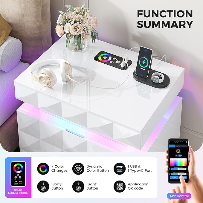 LED Nightstand with Charging Station,3 Drawers Night Stand with Lockable Hidden Storage,Smart Bedside Table with Human Sensor RGB Lights for Bedroom,White