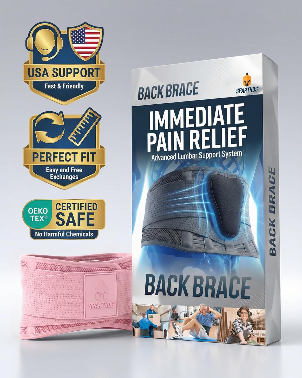 Sparthos Back Support Belt - Immediate Back Pain Relief | Breathable Lumbar Brace for 24-31" Waist (Pink-XS)
