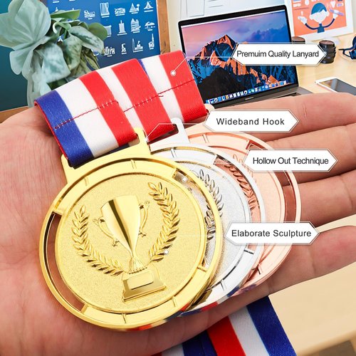 3 Pcs Olympic Medals by Trophy Style - Gold, Silver, Bronze | 2.55 Inch Metal Medals with Smooth Ribbon for Sports Competitions & Award Ceremonies