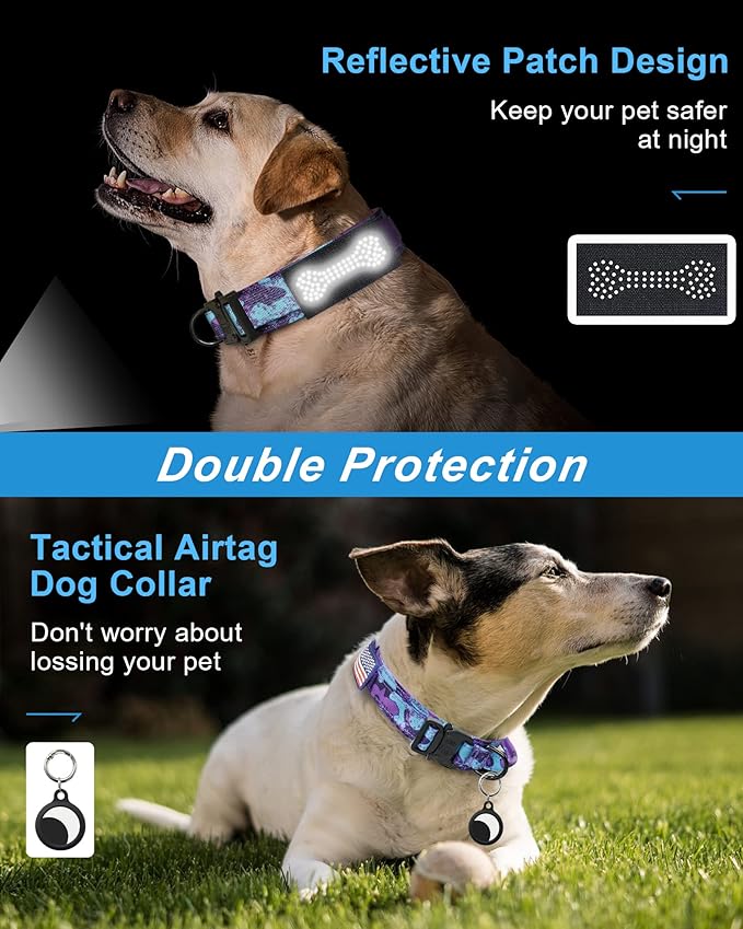 Hotsky Tactical Dog Collar, Adjustable Military Training Nylon Airtag Collar with Handle and Heavy Duty Metal Buckle for Medium Large Dogs, with Airtag Holder and Two Patches（Purple Camo,L）