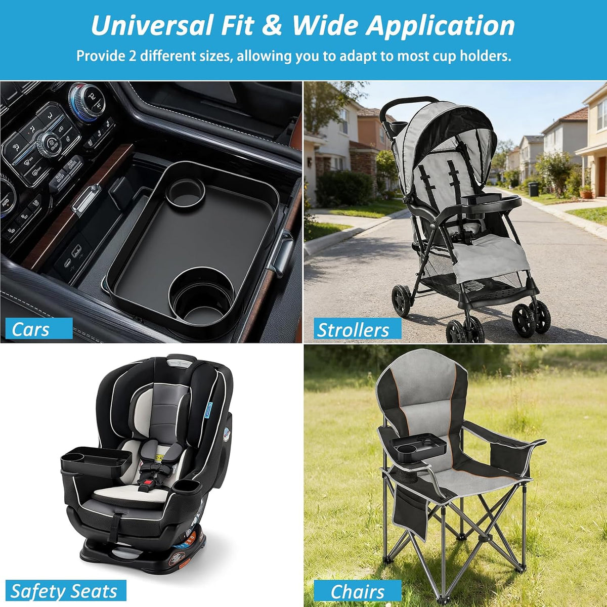 Car Seat Snack Tray for Toddlers, Reduces Mess Square Travel Tray Cup Holder Snack Tray, Durable Car Food Tray for Kids, Universal Fit Kids Travel Road Trip Essentials (Black)
