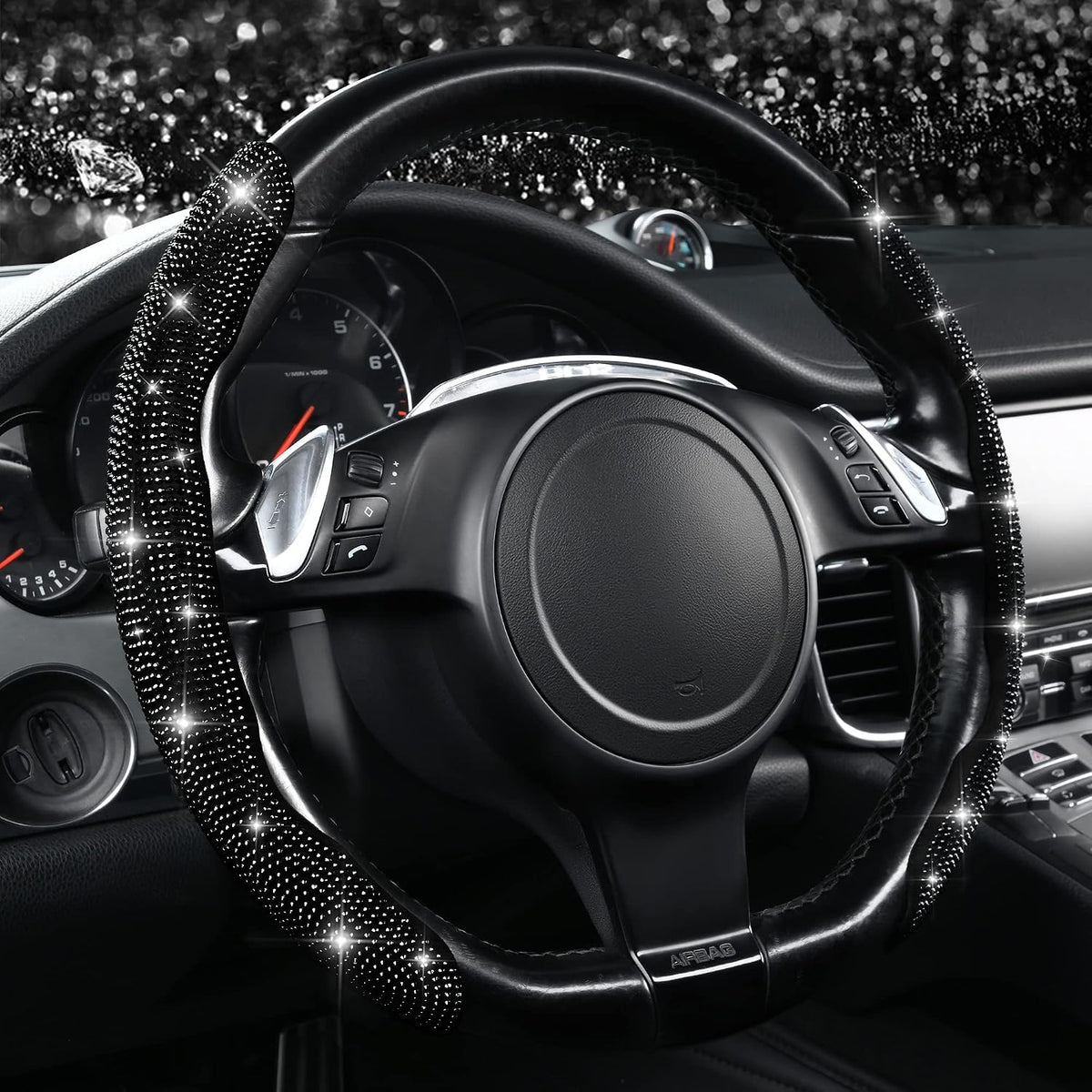 CAR PASS 2PCS Bling Diamond Segmented Steering Wheel Cover with Crystal Rhinestones, Wheel Protector Non-Slip Cute Car Accessories Universal Fit D-Shape O-Shape 14.5" to 16" for Women, Black Diamond