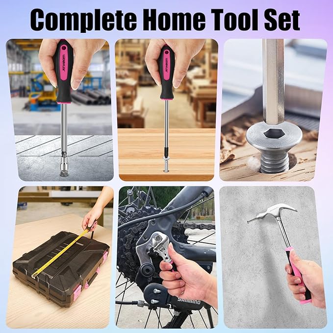 JENABOM Tool Set - 8V Cordless Drill Set, 127 Piece Home Tool Set With Hand Drill, Tool Kit for Women & Men, Perfect for Homeowner, Diyer, Handyman, Pink
