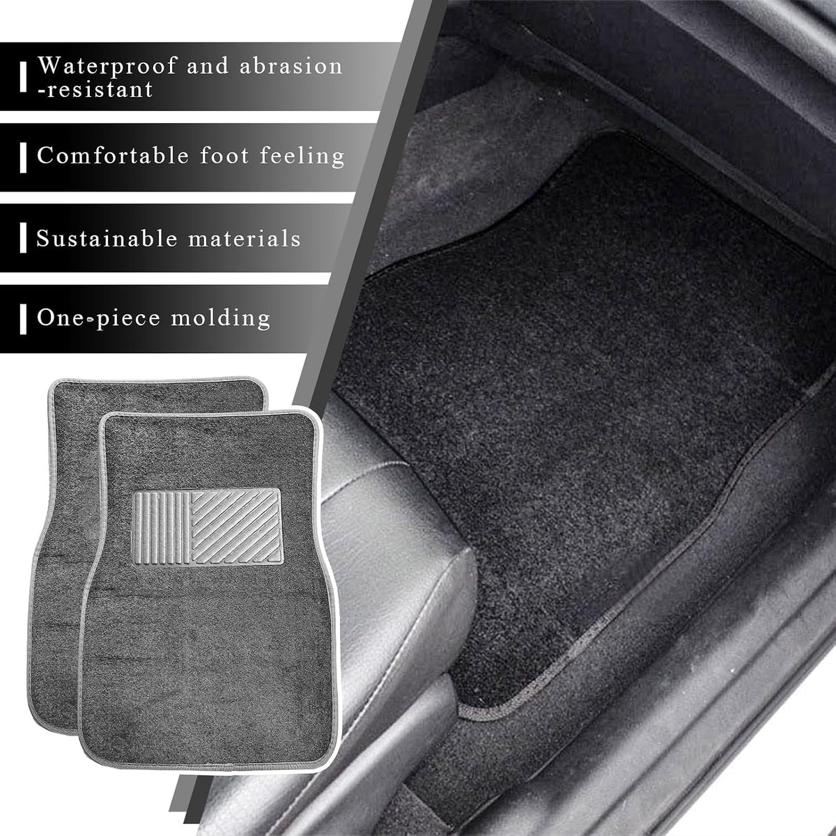 4PCS Car Floor Mats, Anti-Slip Waterproof Car Carpets with Safety Heel Pad, Heavy Duty Floor Mat for All Weather Protection, Universal Trim to Fit for Sedans Trucks SUVs (Gray)
