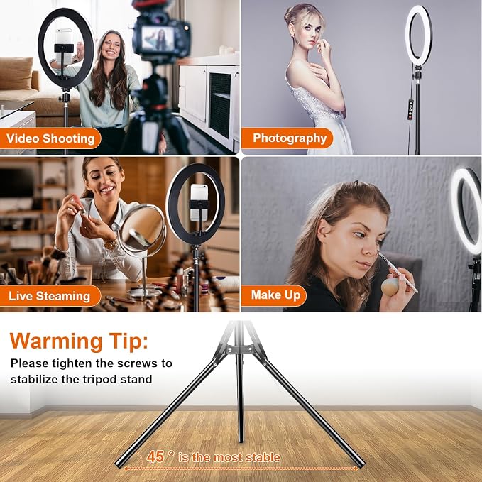 10" Selfie Ring Light with 73" Tripod Stand & 1 Phone Holder, LED Camera