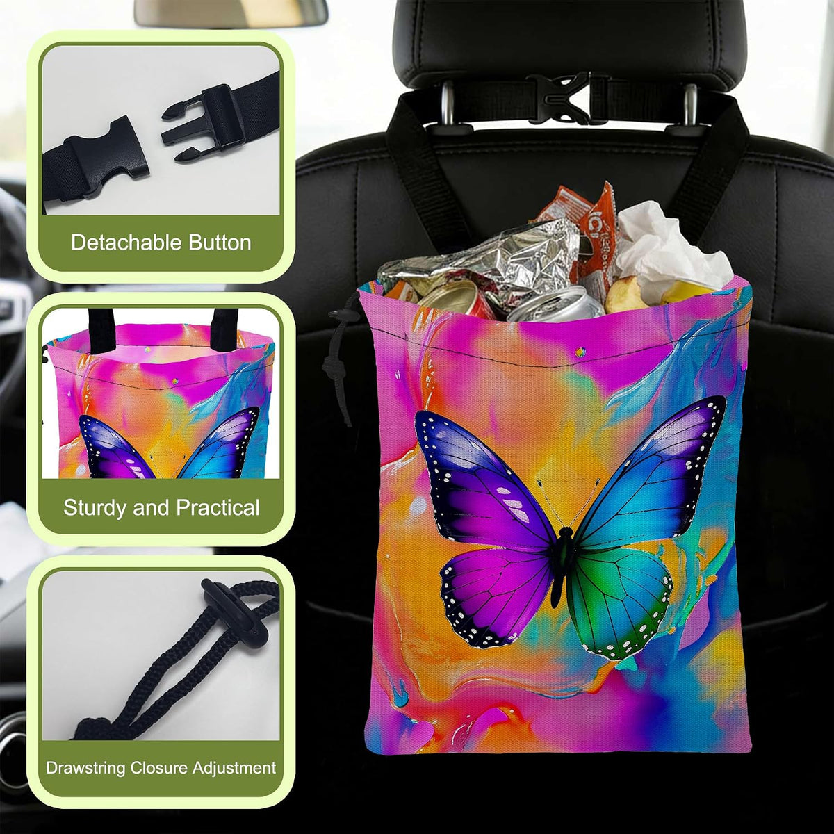 Car Trash Bag Colorful Fluid Butterfly Hanging Drawstring Car Organizer and Storage Bag with Adjustable Buckle Canvas Garbage Bin for Back Seat or Hanging Headrest Car Decor Road Trip Essentials