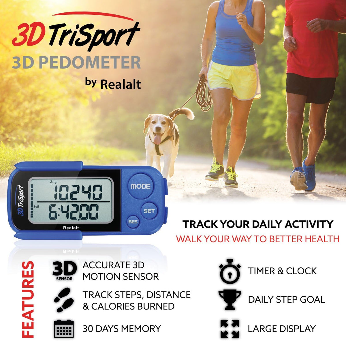 Realalt 3DTriSport 3D Walking Pedometer - Accurate Step Counter with 30-Day Memory & Large Display for Seniors