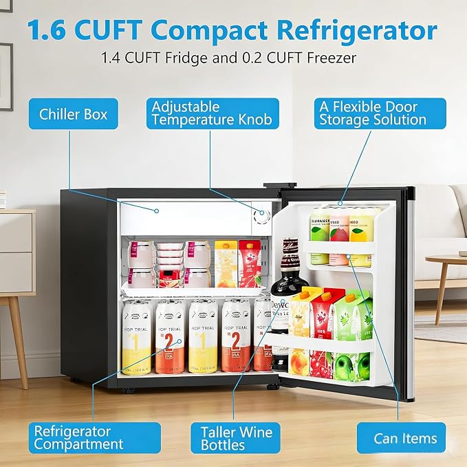 Antarctic Star Mini Fridge with Freezer, Rated 1.6 cu.ft, Small Upright Refrigerator with Removable Shelves, 7 Adjustable Thermostat, Low Noise for Bedroom/Apartment/Office,Silver
