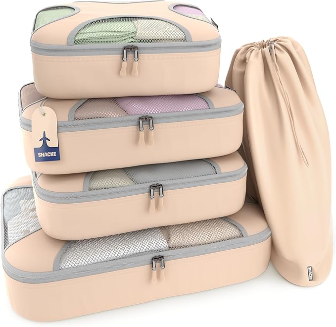 Shacke Premium 5 Packing Cubes Set - Lightweight Mesh Travel Luggage Organizers with Laundry Bag, 5-Piece Suitcase Storage System (Nude Beige)