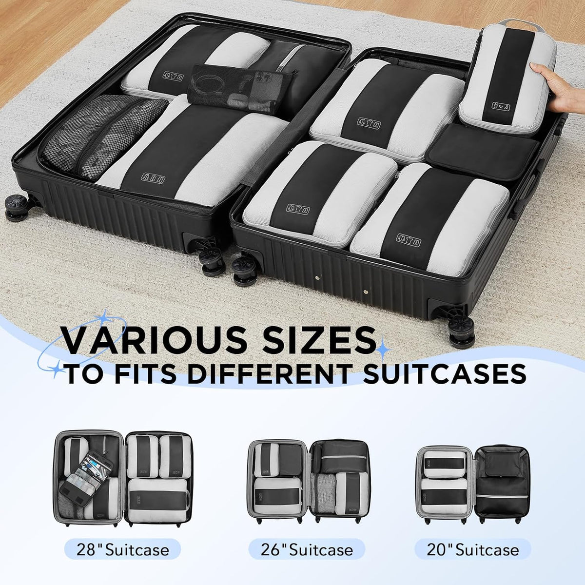 OlarHike Compression Packing Cubes - 10 Set Travel Organizer Bags for Suitcase | Expandable & Compressible (Black)