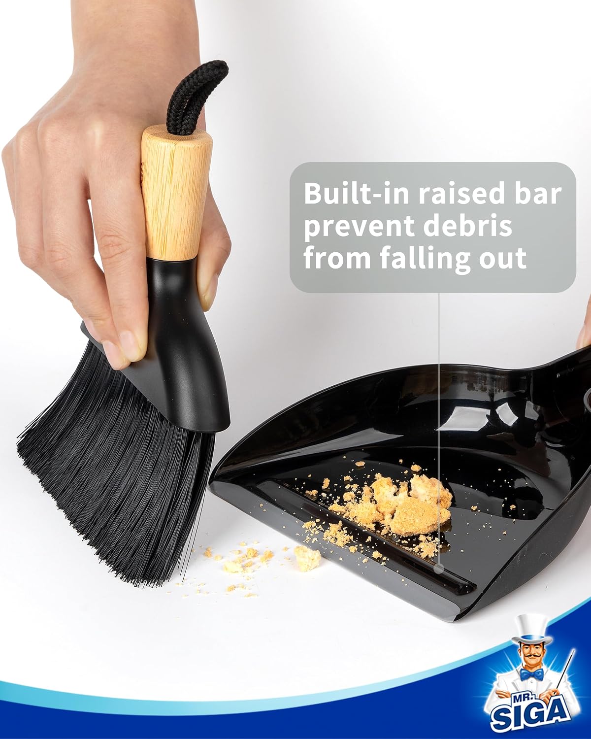 MR.SIGA Mini Dustpan and Brush Set, Portable Cleaning Brush and Dustpan Combo with Bamboo Handle, Black, 1 Set