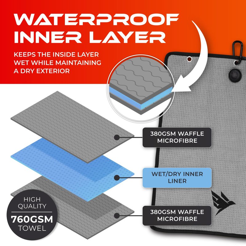 SWIFTEE Ultimate 4-in-1 Premium Golf Towel with Built-in Brush, Magnet, Ball Marker & Carabiner - 760GSM Microfibre Waffle Towel with Inner Wet Dry Liner (Grey)